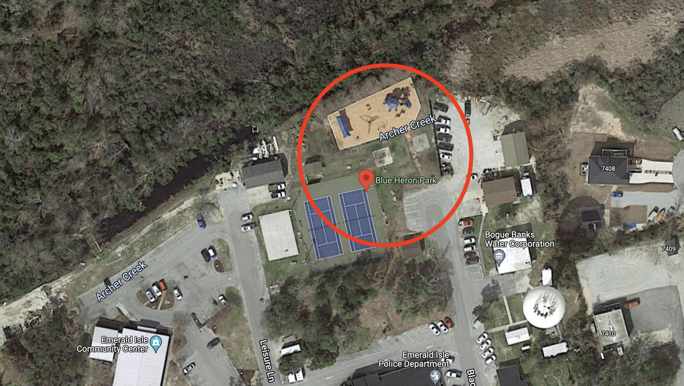 Google Earth map of the park, with a red circle showing the area that is closed