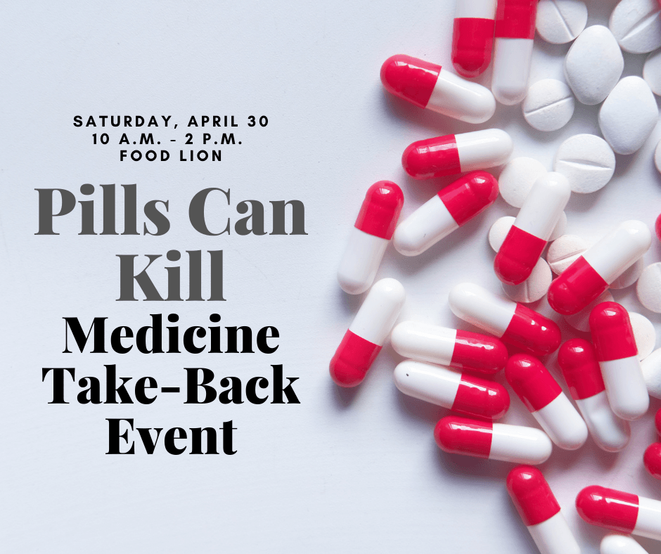 red and white pills on right side of image with "Pills Can Kill Medicine Drop-Off Event" text 