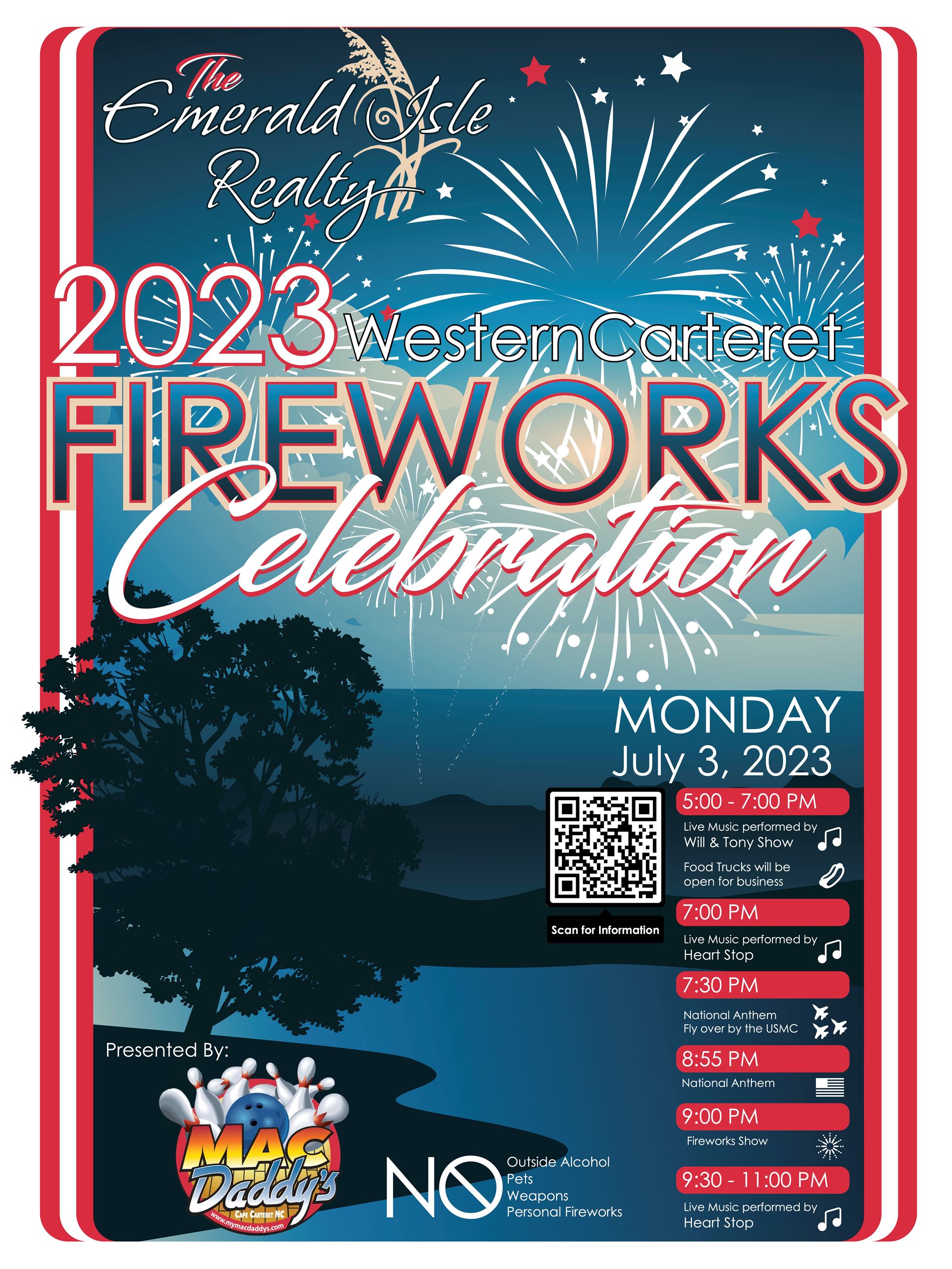 Poster with fireworks in red white and blue