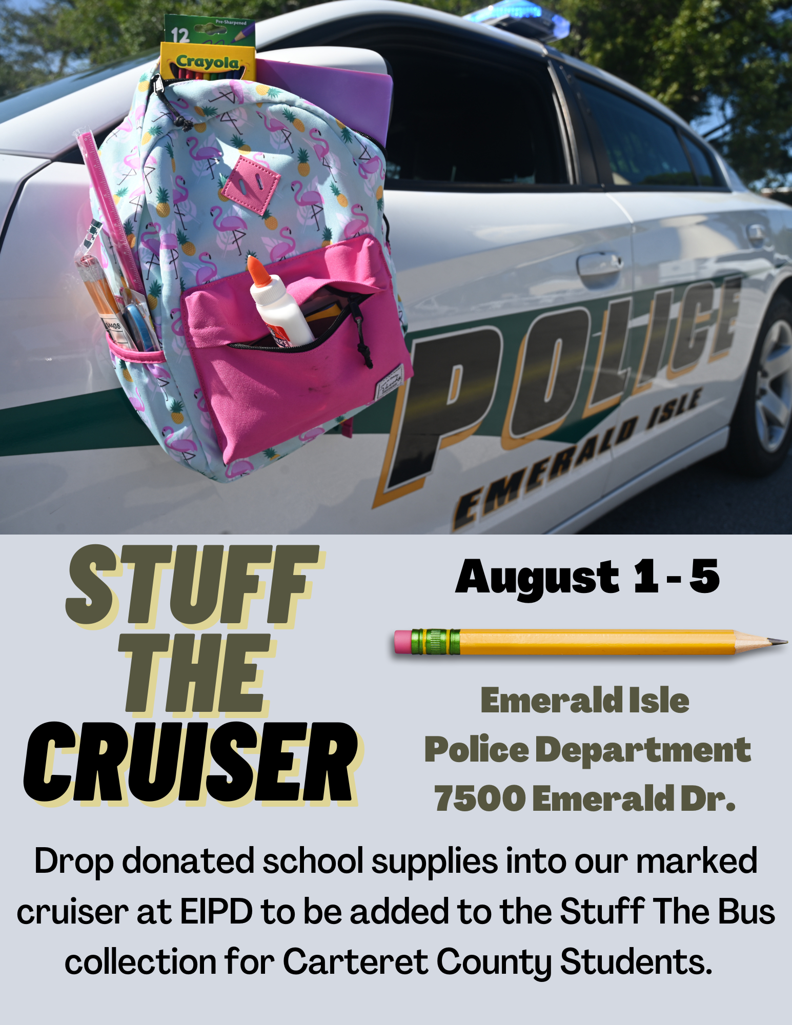 Police Car with school supplies and text