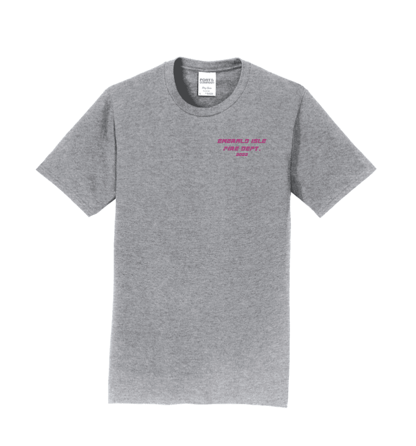 Gray t-shirt with pink lettering over the heart