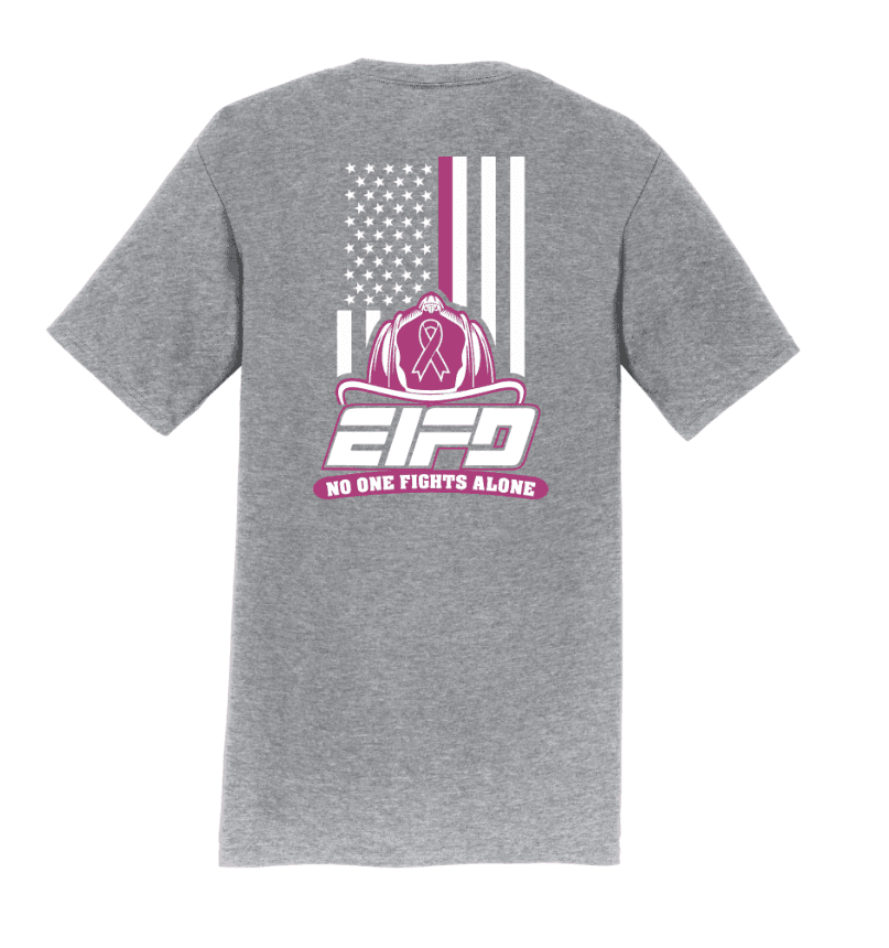 Gray t-shirt with pink and white lettering, flag and firefighter helmet