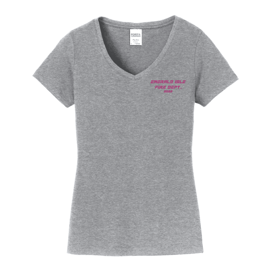 v-neck gray t-shirt with pink lettering over heart