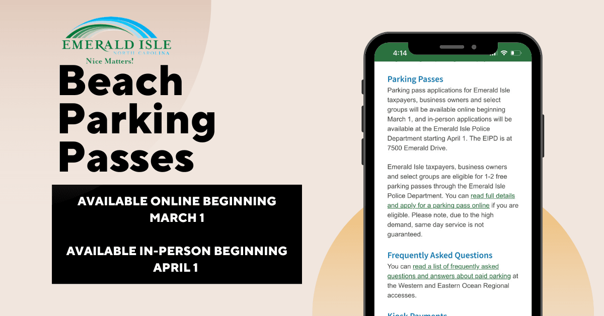 Mobile phone showing information on paid parking. Text reading Beach Parking Passes and town logo